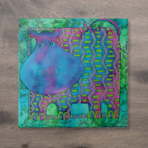 Azulejo De Cerâmica Ilustração de Hipopótamo Xadrez em Aquarela
