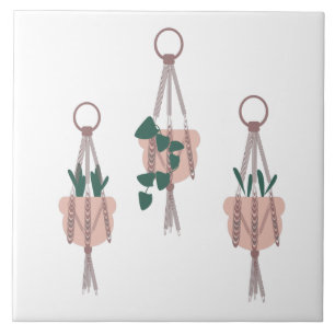 Azulejo De Cerâmica Ilustração de Plantas em Macrame para Vasos e Pote