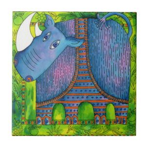 Azulejo De Cerâmica Ilustração de Rinoceronte com Padrões em Aquarela