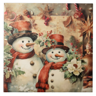Azulejo De Cerâmica Ilustração de Snowmen de Natal