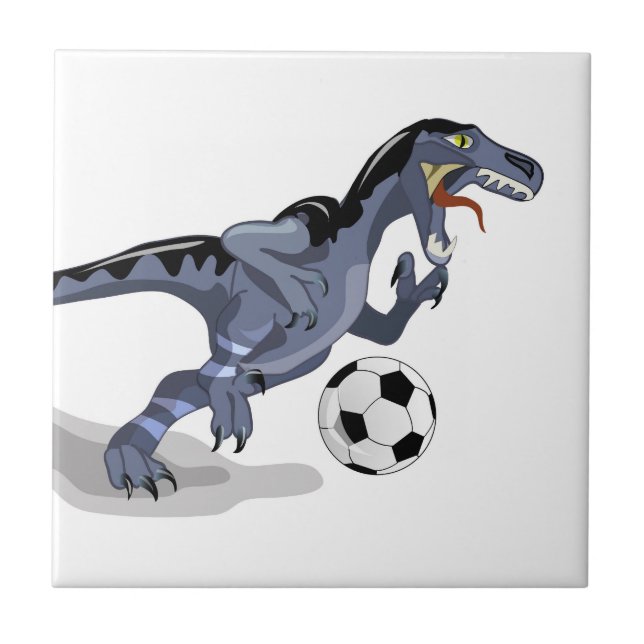Azulejo De Cerâmica Ilustração De Um Dinossauro Raptor Jogando Futebol (Frente)
