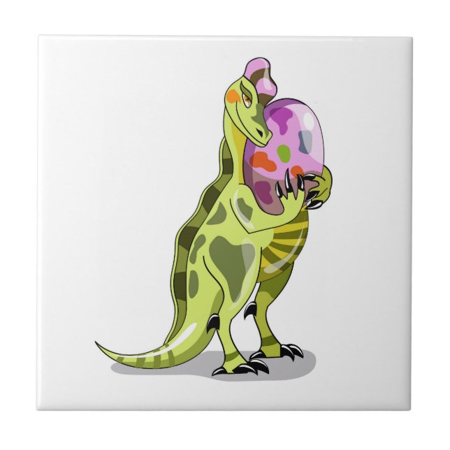 Azulejo De Cerâmica Ilustração De Um Lambeossauro Que Detém Um Ovo. (Frente)