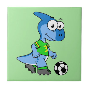Azulejo De Cerâmica Ilustração De Um Parasaurolofo Jogando Futebol.