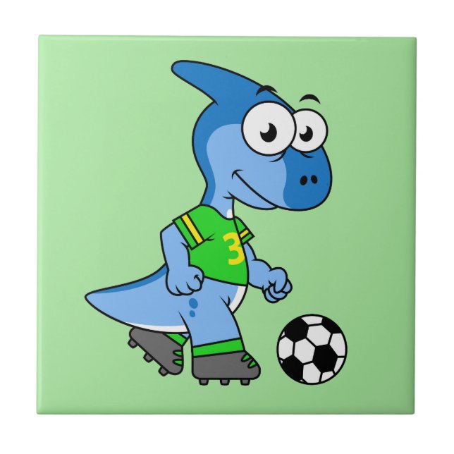 Azulejo De Cerâmica Ilustração De Um Parasaurolofo Jogando Futebol. (Frente)