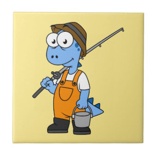 Azulejo De Cerâmica Ilustração De Um Pescador De Allosaurus.