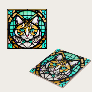 Azulejo De Cerâmica Ilustração de Vidro Mantido de Gato Teal Moderno