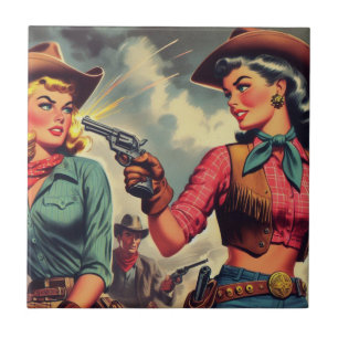 Azulejo De Cerâmica Ilustração de Vintage Pulp CowGirl
