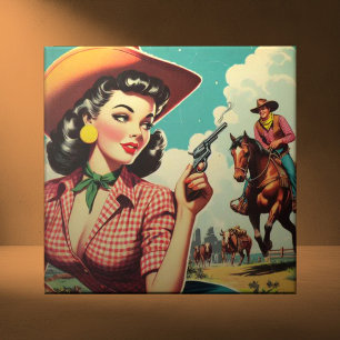 Azulejo De Cerâmica Ilustração de Vintage Pulp Cowgirl