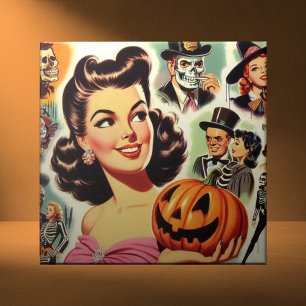 Azulejo De Cerâmica Ilustração do Dia das Bruxas da Vintage Girl