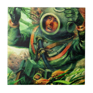 Azulejo De Cerâmica Ilustração do mergulhador submarino dos anos 40 