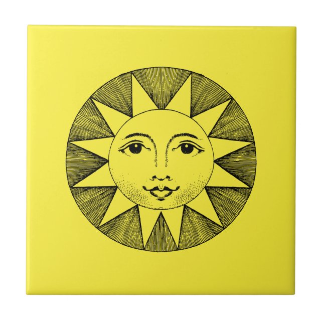 Azulejo De Cerâmica Ilustração do Sol de Sorriso Celestial Vintage (Frente)