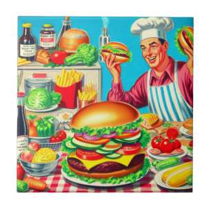 Azulejo De Cerâmica Ilustração em Quadrinhos Retro Hamburger