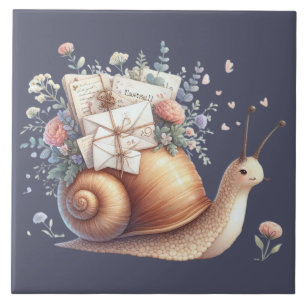 Azulejo De Cerâmica Ilustração Floral Pastel de Caracol Fofo Correio