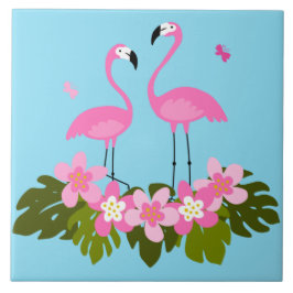 Azulejo De Cerâmica Ilustração Floral Tropical de Flamingos Rosa