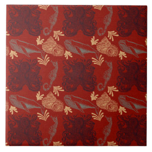 Azulejo De Cerâmica Ilustração Náutica do Octopus Vermelho Vintage