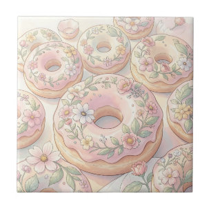 Azulejo De Cerâmica Ilustração Pastel de Donuts Rosa Floral