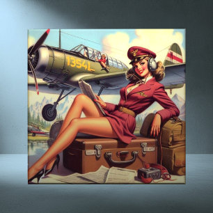 Azulejo De Cerâmica Ilustração Pin-Up do Avião Vintage