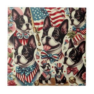 Azulejo De Cerâmica Ilustração Sem Costura de Boston Terrier Vintage