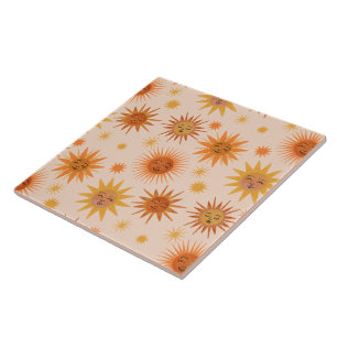 Azulejo De Cerâmica Ilustração Sun Face Orange Watercolor