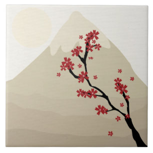 Azulejo De Cerâmica Ilustração vermelha de Monte Fuji Japão das flo