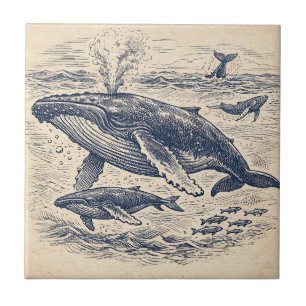 Azulejo De Cerâmica Ilustração Vintage de uma Matilha de Baleias Jubar