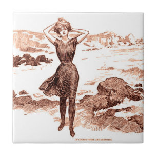 Azulejo De Cerâmica Ilustração Vintage Gibson Girl Praia Sereia Banhis