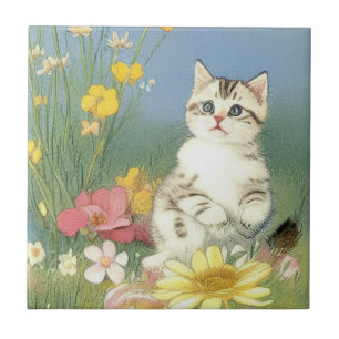 Azulejo De Cerâmica Ilustração Vintage Kitten com Flores Amarelas
