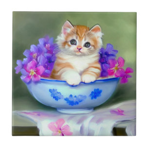 Azulejo De Cerâmica Ilustração Vintage Laranja e White Kitten