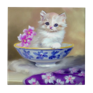 Azulejo De Cerâmica Ilustração Vintage White Kitten