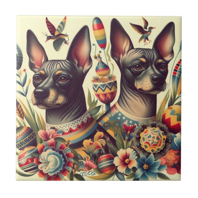 Azulejo De Cerâmica Ilustração Vintage Xoloitzcuintle (Frente)