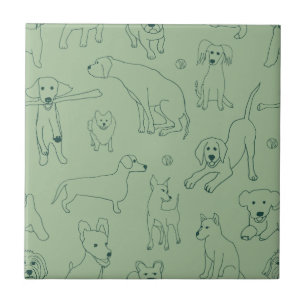 Azulejo De Cerâmica Ilustrações bonitas de Arte em Linha Verde de Cães