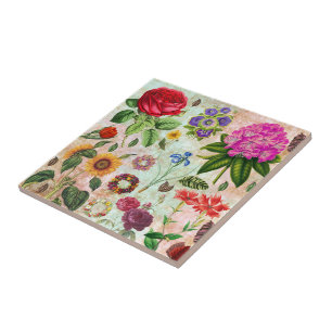 Azulejo De Cerâmica Ilustrações da Flor Botânica Vintage