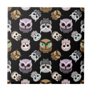 Azulejo De Cerâmica Ilustrações de Coruja Bonita sobre fundo preto