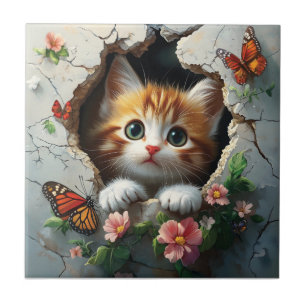 Azulejo De Cerâmica Imagem 3D de um gatinho fofo espiando