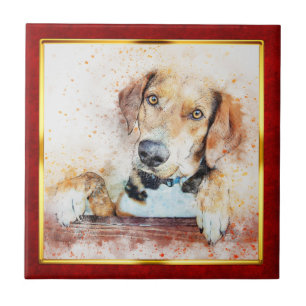 Azulejo De Cerâmica Impressão Abstrata de Cachorro em Moldura Vermelha