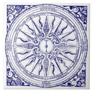 Azulejo De Cerâmica Impressão Azul e Branco Compass Náutico Histórico