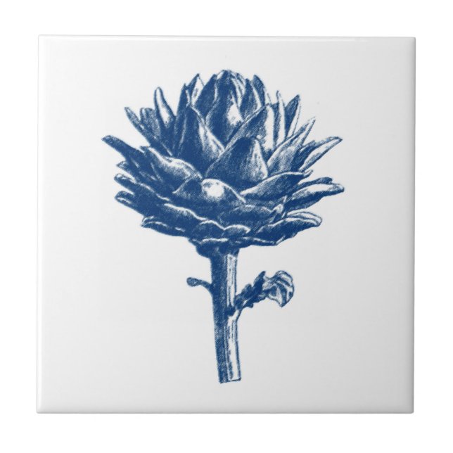 Azulejo De Cerâmica Impressão de Artichoke Botânico, Azul Indigo e Bra (Frente)