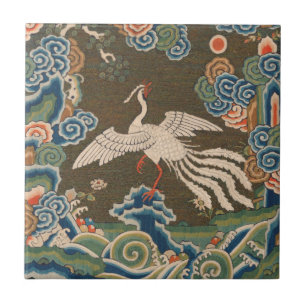 Azulejo De Cerâmica Impressão de bordado em seda de pássaro branco chi