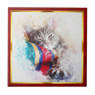 Azulejo De Cerâmica Impressão de Gato Abstrato em Moldura Vermelha e D