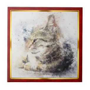 Azulejo De Cerâmica Impressão de Gato Abstrato em Moldura Vermelha e D