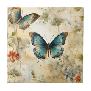 Azulejo De Cerâmica Impressão de Jardim Botânico Borboleta Azul Boho