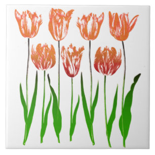 Azulejo De Cerâmica Impressão de Jardim Tulipado em Laranja Coral e Ve