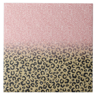 Azulejo De Cerâmica Impressão de Leopardo Preto Glitter Dourado Elega