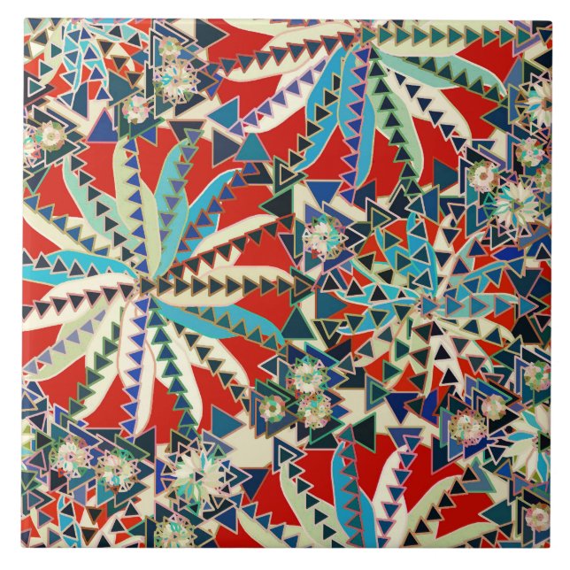 Azulejo De Cerâmica Impressão de Mandala Tribal, Vermelho, Azul e Crem (Frente)