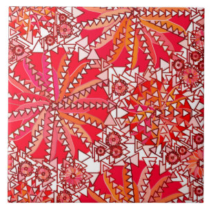 Azulejo De Cerâmica Impressão de Mandala Tribal, Vermelho Coral e Bra