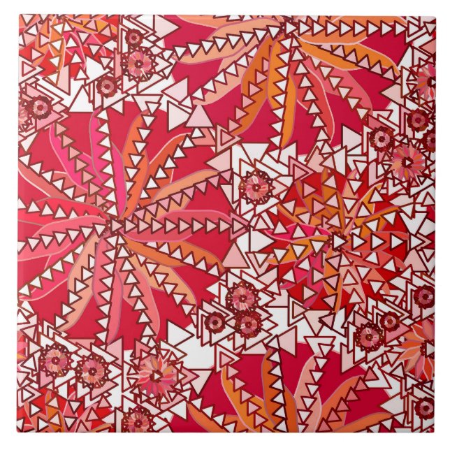 Azulejo De Cerâmica Impressão de Mandala Tribal, Vermelho Coral e Bran (Frente)