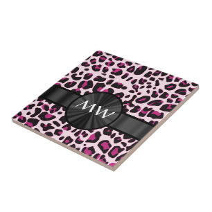 Azulejo De Cerâmica Impressão e monograma rosa-leopardo