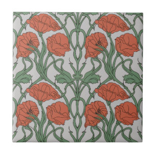 Azulejo De Cerâmica Impressão Floral de Papoula Vermelha Art Nouveau