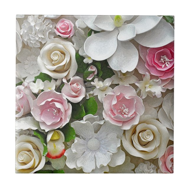 Azulejo De Cerâmica Impressão floral do rosa e o branco (Frente)