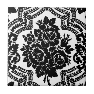 Azulejo De Cerâmica Impressão floral do victorian retro, preto e